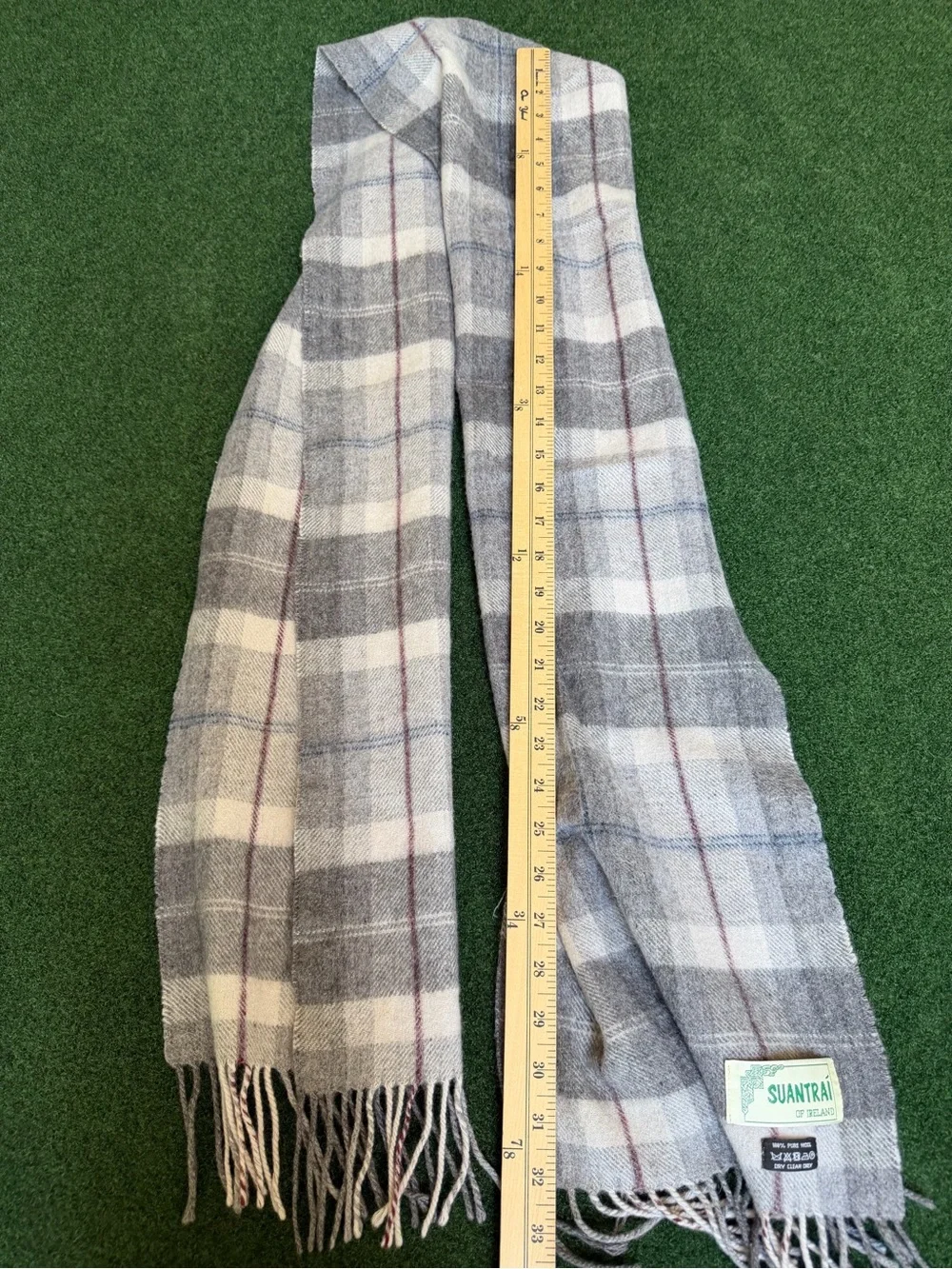 Gray Plaid Wool Scarf with Fringe